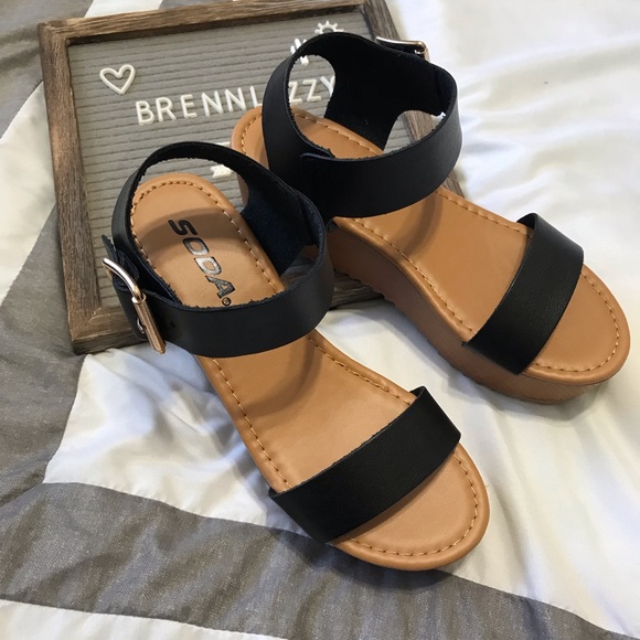 Black Sandals Wedges Classic Front Strap Buckle - Picture 2 of 8